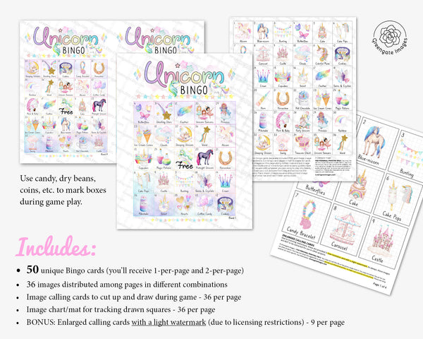 Unicorn Bingo (for kids) - 50 PRINTABLE unique cards w/watercolor pictures and numbers. Digital download PDF. Children's party idea-big set.