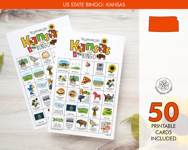 Kansas Bingo Cards - 50 PRINTABLE unique cards download instantly. Fun KS state activity for kids-seniors. Educational homeschool game.