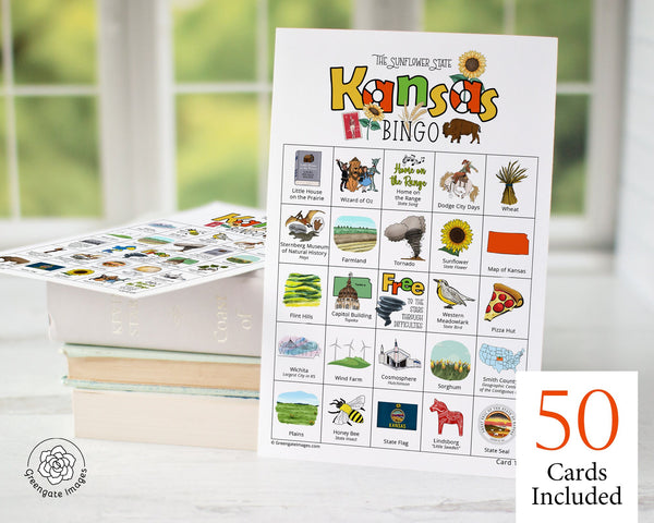 Kansas Bingo Cards - 50 PRINTABLE unique cards download instantly. Fun KS state activity for kids-seniors. Educational homeschool game.