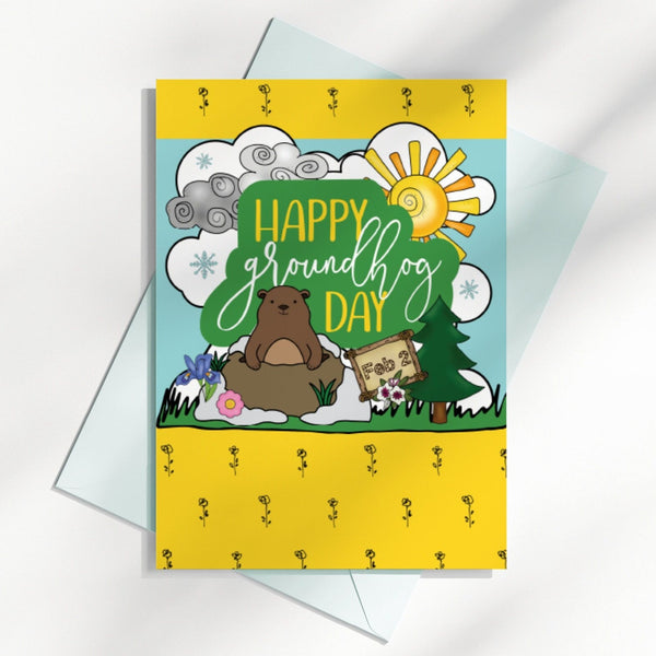Groundhog Day Card - PRINTABLE greeting card, A7 5x7", blank inside. Digital download PDF - instantly download and print at home.
