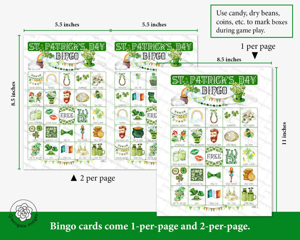 St. Patrick's Day (non-alcoholic) Bingo - 50 PRINTABLE unique cards. Instant digital download PDF. Fun activity for kids' St. Paddy's Party.