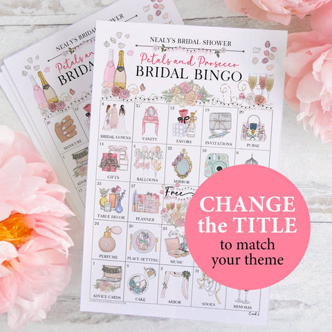 Petals & Prosecco/Champagne Bridal Shower Bingo Cards - PRINTABLE set 50 unique cards as a PDF. Personalize title text using Adobe Reader.