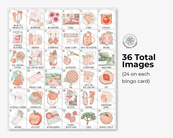 Peach Bingo - 50 PRINTABLE unique cards. Instant digital download PDF. Fun activity for peach-themed baby sprinkles and bridal showers.