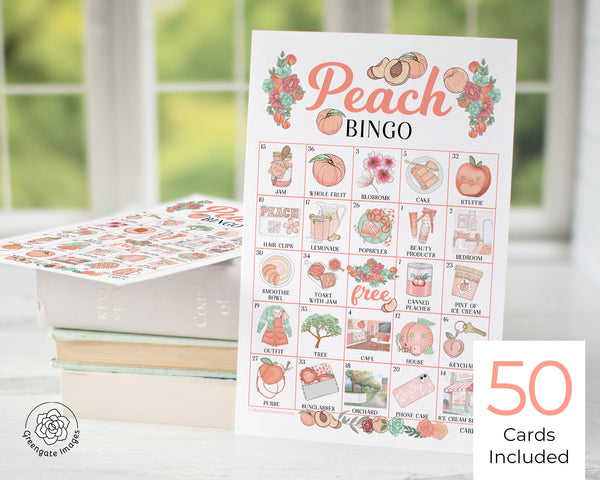 Peach Bingo - 50 PRINTABLE unique cards. Instant digital download PDF. Fun activity for peach-themed baby sprinkles and bridal showers.