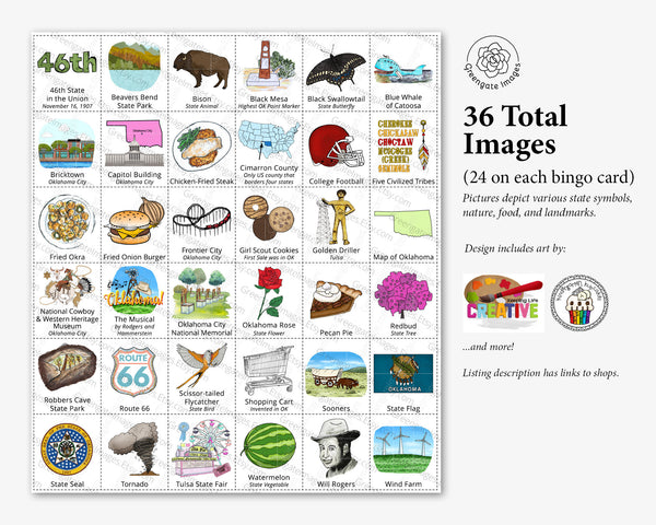Oklahoma Bingo Cards - 50 PRINTABLE unique cards download instantly. Fun OK state activity for kids-seniors. Educational homeschool game.