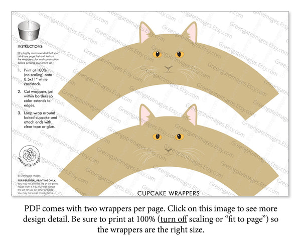 Tan Cat Cupcake Wrappers - PRINTABLE Cupcake Wrappers pdf, cute dessert idea, party printables, kitty cat pdf, instant download, kitten