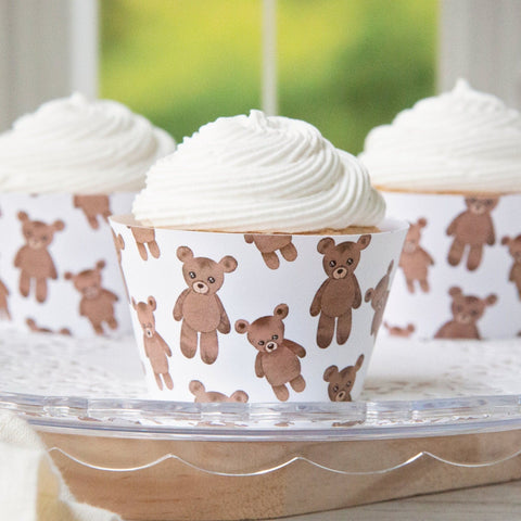Teddy Bear Cupcake Wrapper - PRINTABLE instant download PDF. Unisex, boy, girl, twin baby sprinkle. 1st birthday. Brown bear stuffed animals