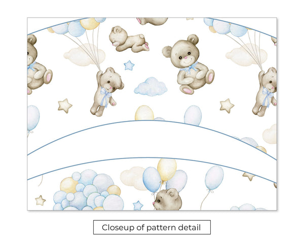 Bears and Blue Balloons Cupcake Wrapper - PRINTABLE instant download PDF. Boy baby sprinkle desserts. Tan, ivory, pale blue, teddy in sky.