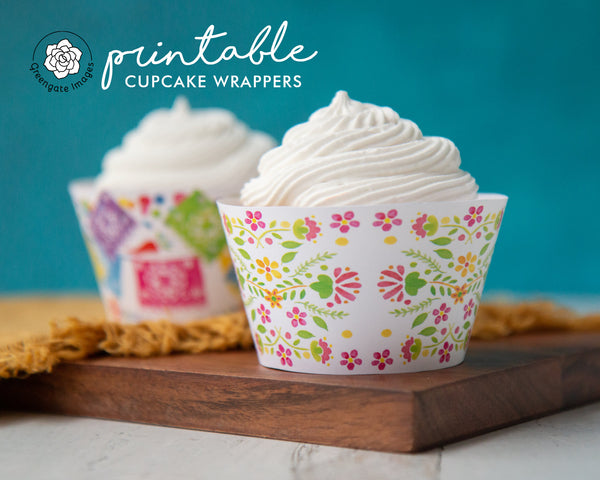 Fiesta Papel Cupcake Wrapper Duo - PRINTABLE Instant Download PDF. Brightly-colored folk flowers and decor for Mexican themed bridal shower.