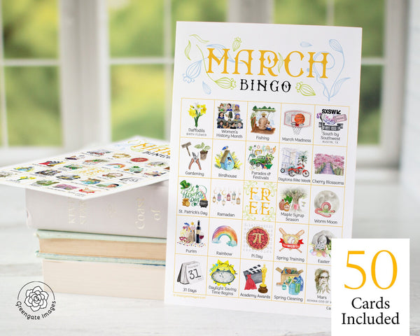 March Bingo - 50 PRINTABLE unique cards. Instant digital download PDF. Fun activity for Lent, Purim, potlucks, seniors, and homeschool.