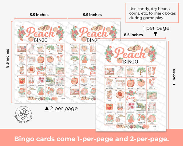 Peach Bingo - 50 PRINTABLE unique cards. Instant digital download PDF. Fun activity for peach-themed baby sprinkles and bridal showers.