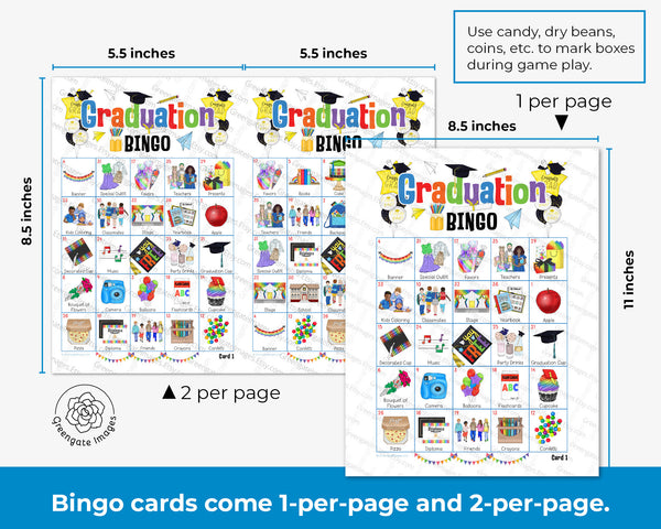 Graduation Bingo - PreK/Kindergarten - 50 PRINTABLE unique cards. Instant digital download PDF. Fun activity for kids promotion party. 4 5 6