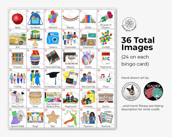 Graduation Bingo - PreK/Kindergarten - 50 PRINTABLE unique cards. Instant digital download PDF. Fun activity for kids promotion party. 4 5 6