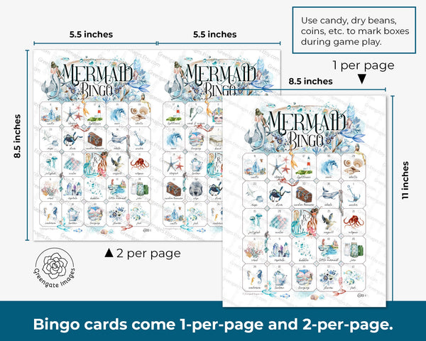 Mermaid Bingo - 50 PRINTABLE unique cards. Instant digital download PDF. Beautiful, sophisticated sea fairytale mermaidcore for girls/women.