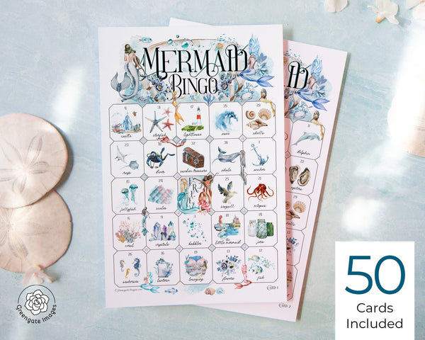 Mermaid Bingo - 50 PRINTABLE unique cards. Instant digital download PDF. Beautiful, sophisticated sea fairytale mermaidcore for girls/women.
