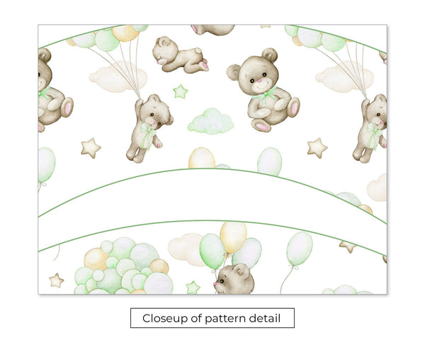 Bears and Green Balloons Cupcake Wrapper - PRINTABLE instant download PDF. Boy/unisex baby sprinkle. Tan, ivory, pale green, teddy in sky.