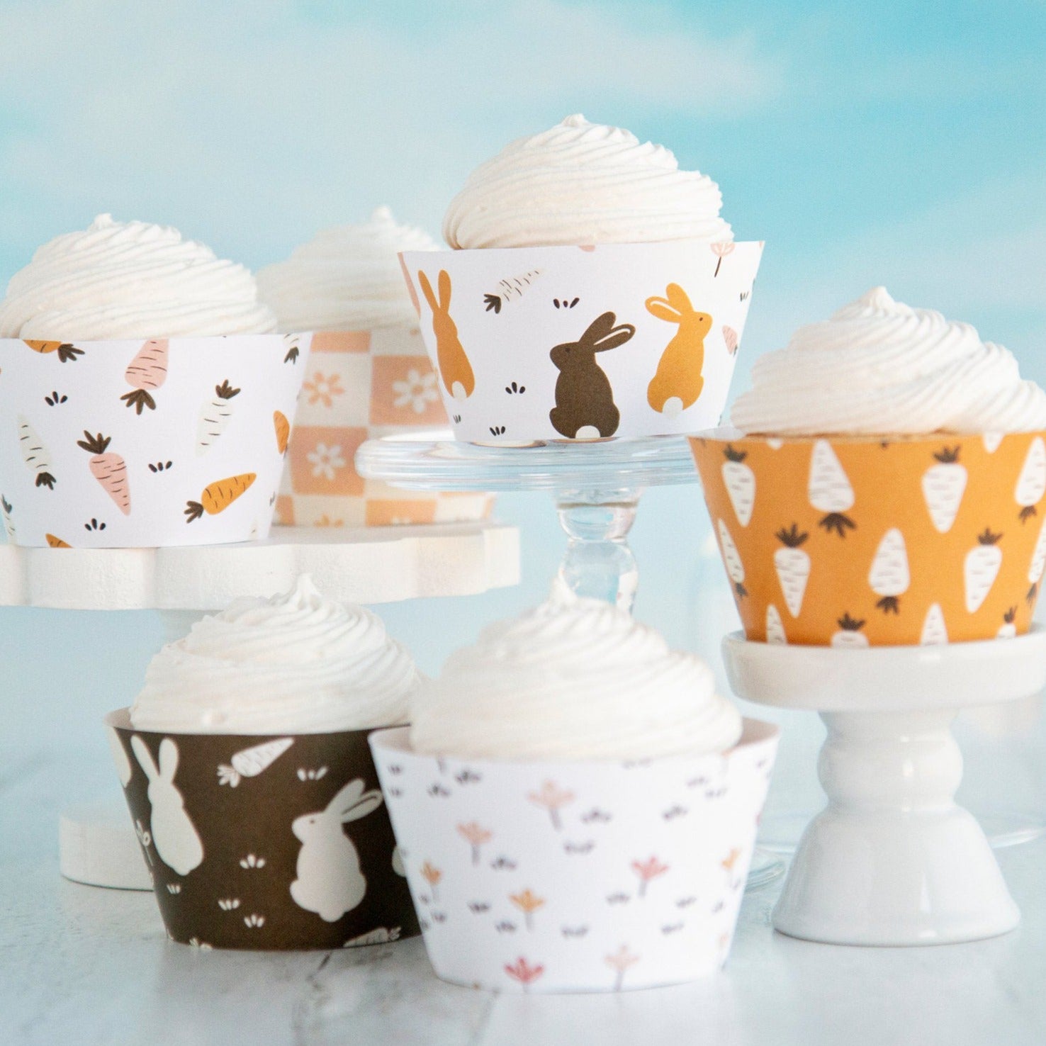 Easter Harvest Cupcake Wrapper Set - PRINTABLE cupcake wraps PDF. 6 cute coordinating autumn designs with bunnies, flowers, and carrots.