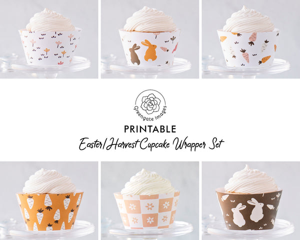 Easter Harvest Cupcake Wrapper Set - PRINTABLE cupcake wraps PDF. 6 cute coordinating autumn designs with bunnies, flowers, and carrots.
