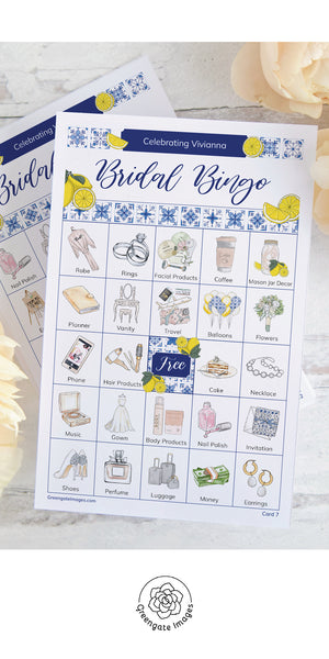 Lemons and Blue Tile Bridal Bingo Cards