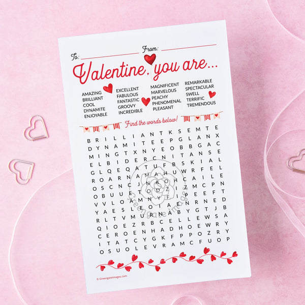 Valentine's Day Word Find Cards - Complimentary Adjectives