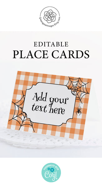 Spiderwebs and Orange Gingham Halloween Place Card