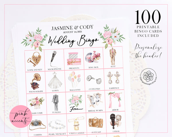 Wedding Bingo Cards - 100 card, Personalization, Pink