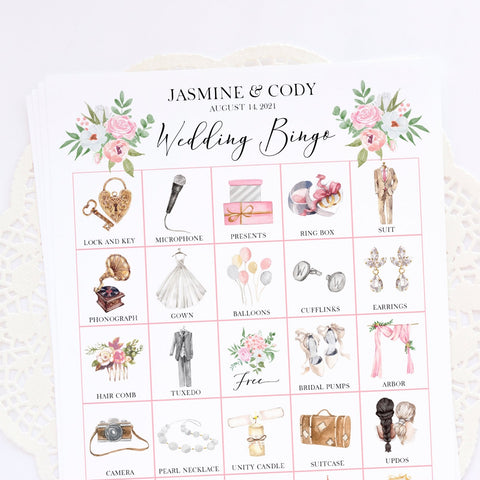 Wedding Bingo Cards - 100 card, Personalization, Pink