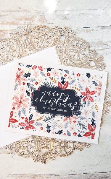 Christmas Note Card - Navy and Red Pointsettias