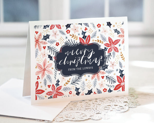 Christmas Note Card - Navy and Red Pointsettias