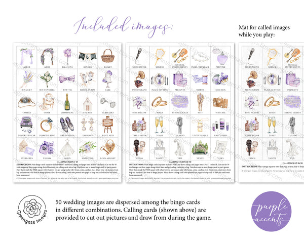 Wedding Bingo Cards - 100 card, Personalization, Purple - Greengate Images