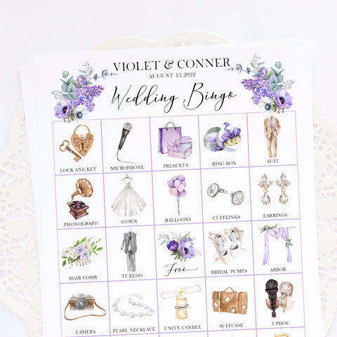 Wedding Bingo Cards - 100 card, Personalization, Purple