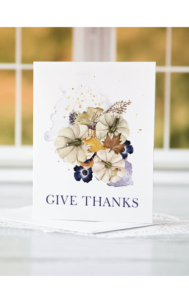 A2 Thanksgiving Note Card - Ivory Pumpkins and Purple Anemones - Greengate Images