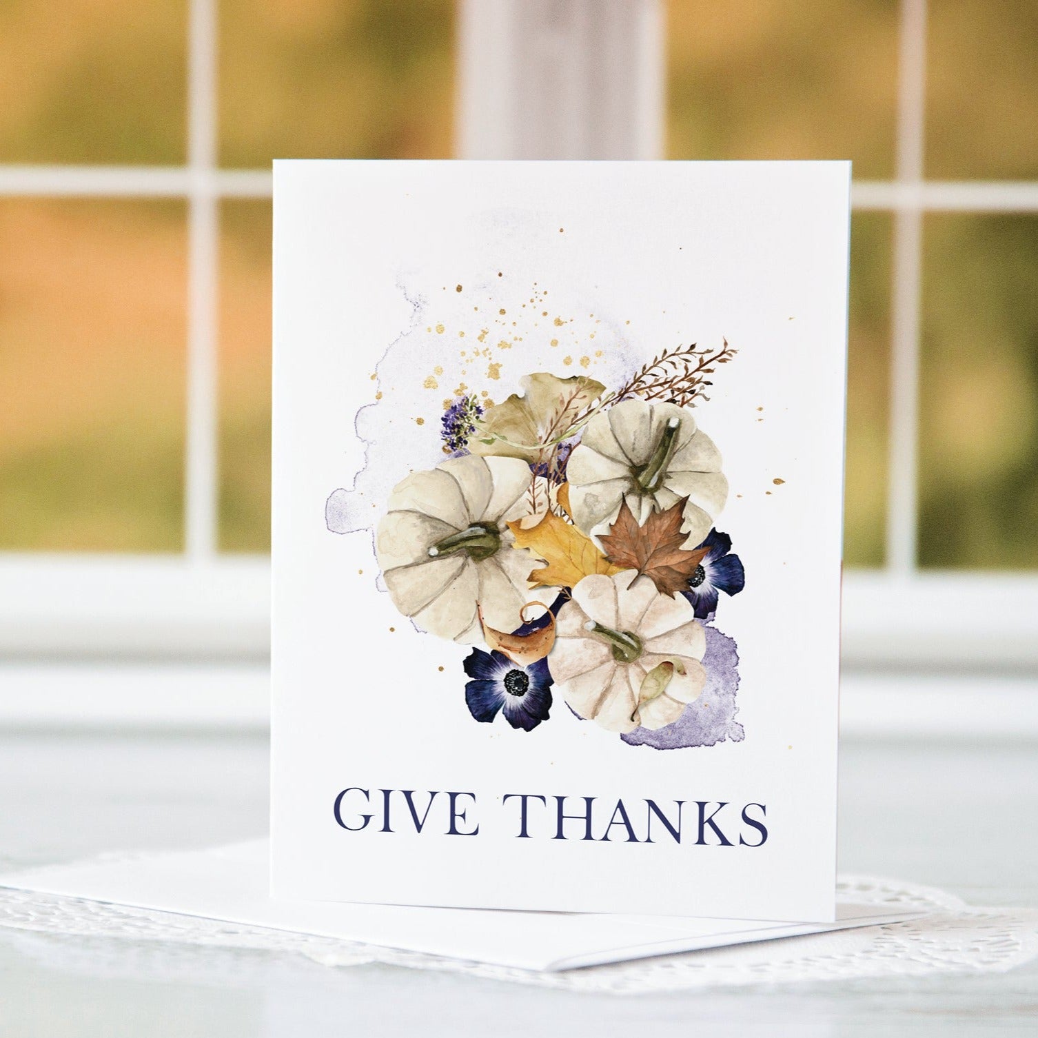 A2 Thanksgiving Note Card - Ivory Pumpkins and Purple Anemones - Greengate Images