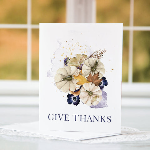 A2 Thanksgiving Note Card - Ivory Pumpkins and Purple Anemones