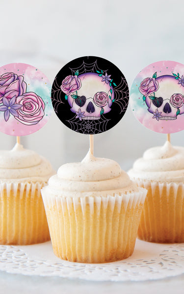 Pink and Black Skull and Rose 2" Circle Cupcake Toppers