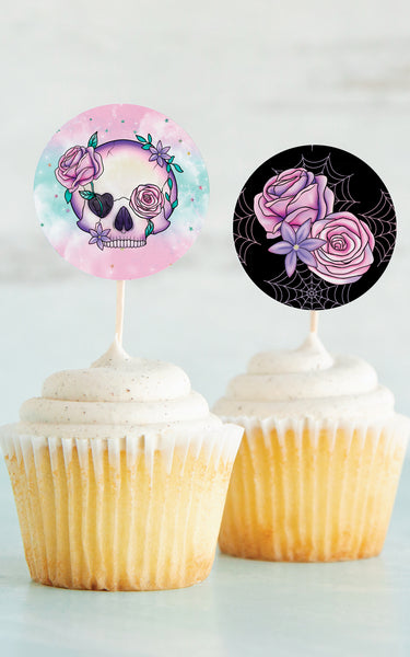 Pink and Black Skull and Rose 2" Circle Cupcake Toppers