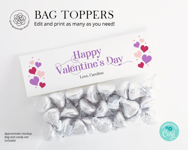 Galentine's/Valentine's Day Bag Toppers - 6.5" Purple and Pink Hearts - Greengate Images